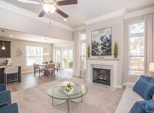 a living room filled with furniture and a fire place