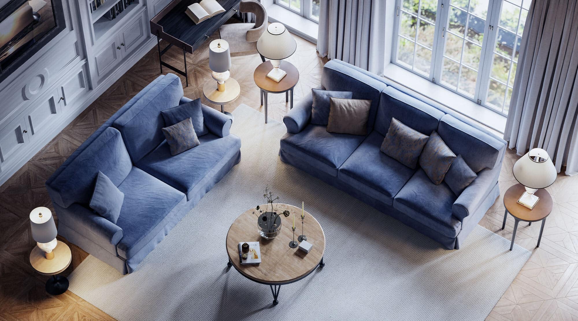 a living room filled with furniture and a large window