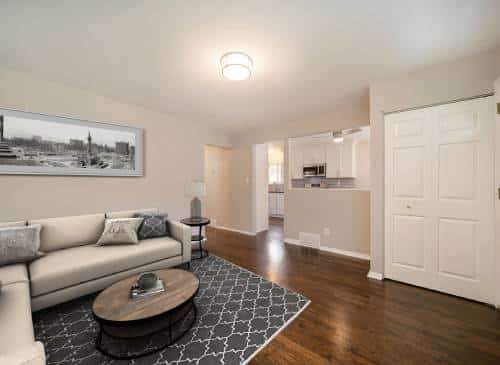 a living room with a wood floor